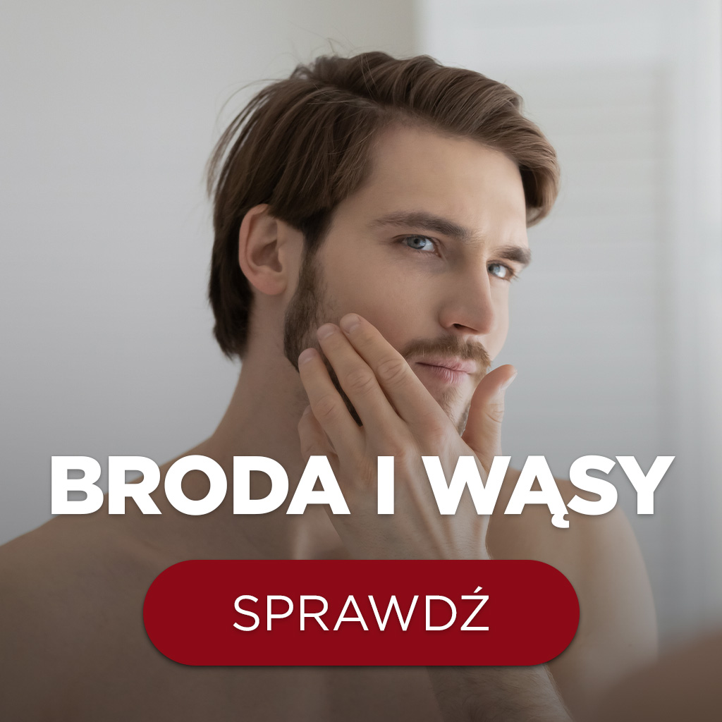 Mężczyzna pielęgnujący brodę przed lustrem - pielęgnacja brody i wąsów