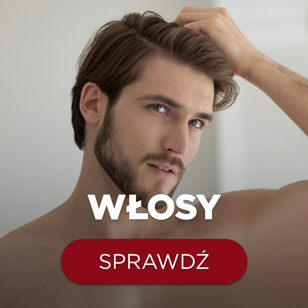 Mężczyzna z brodą dotykający swoich włosów, reklama produktów do pielęgnacji włosów